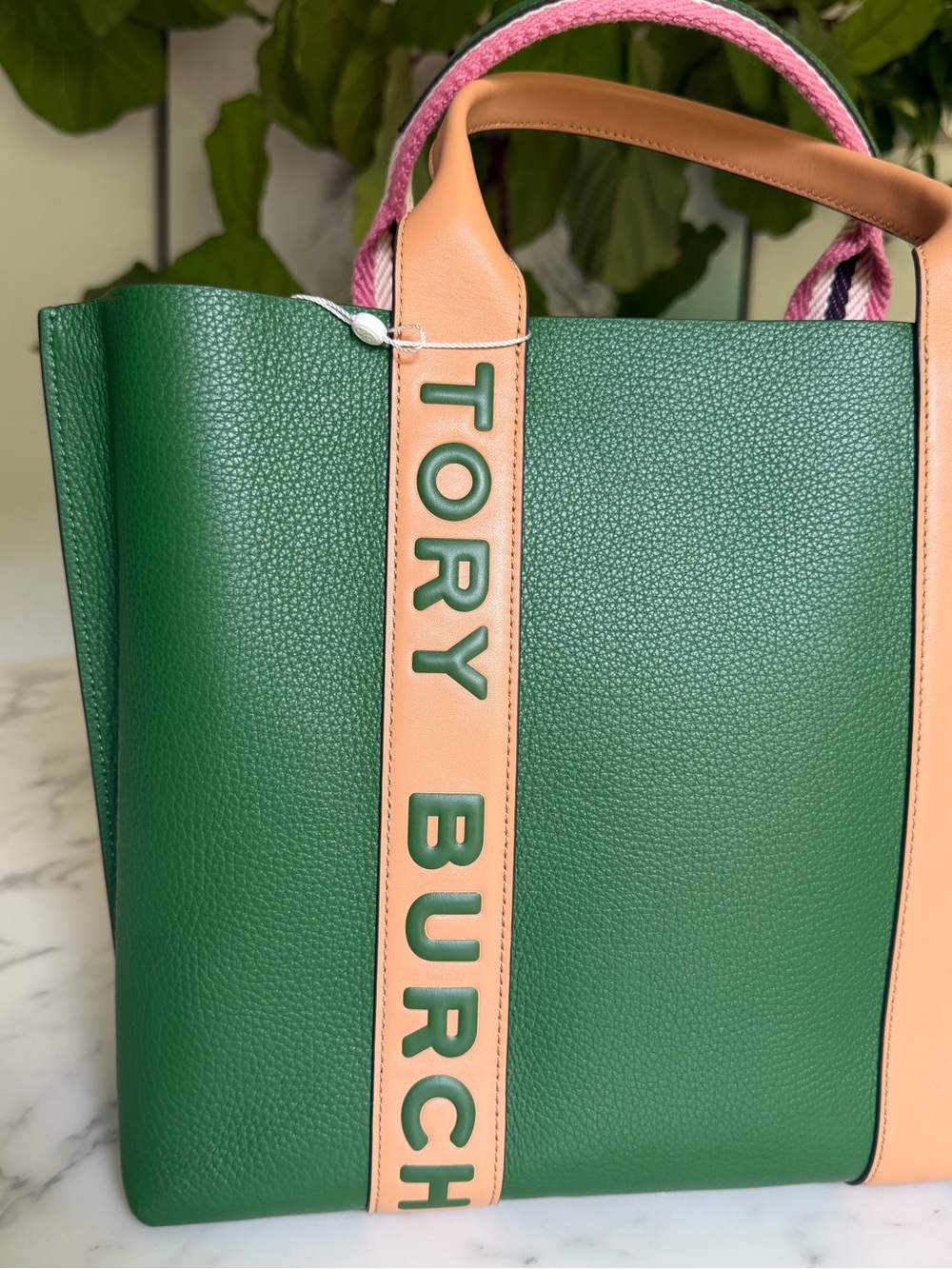 NWT Tory Burch Perry Multi Stripe Leather Triple Compartment Tote Arugula Green - Picture 3 of 16